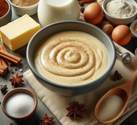 Salsa bechamel con ingredientes y nuez moscada por encima